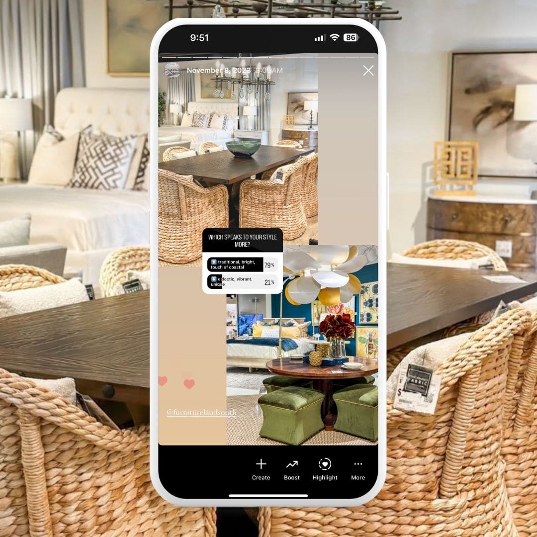 Furnitureland South room inspiration vote on NC Eat & Play's Instagram