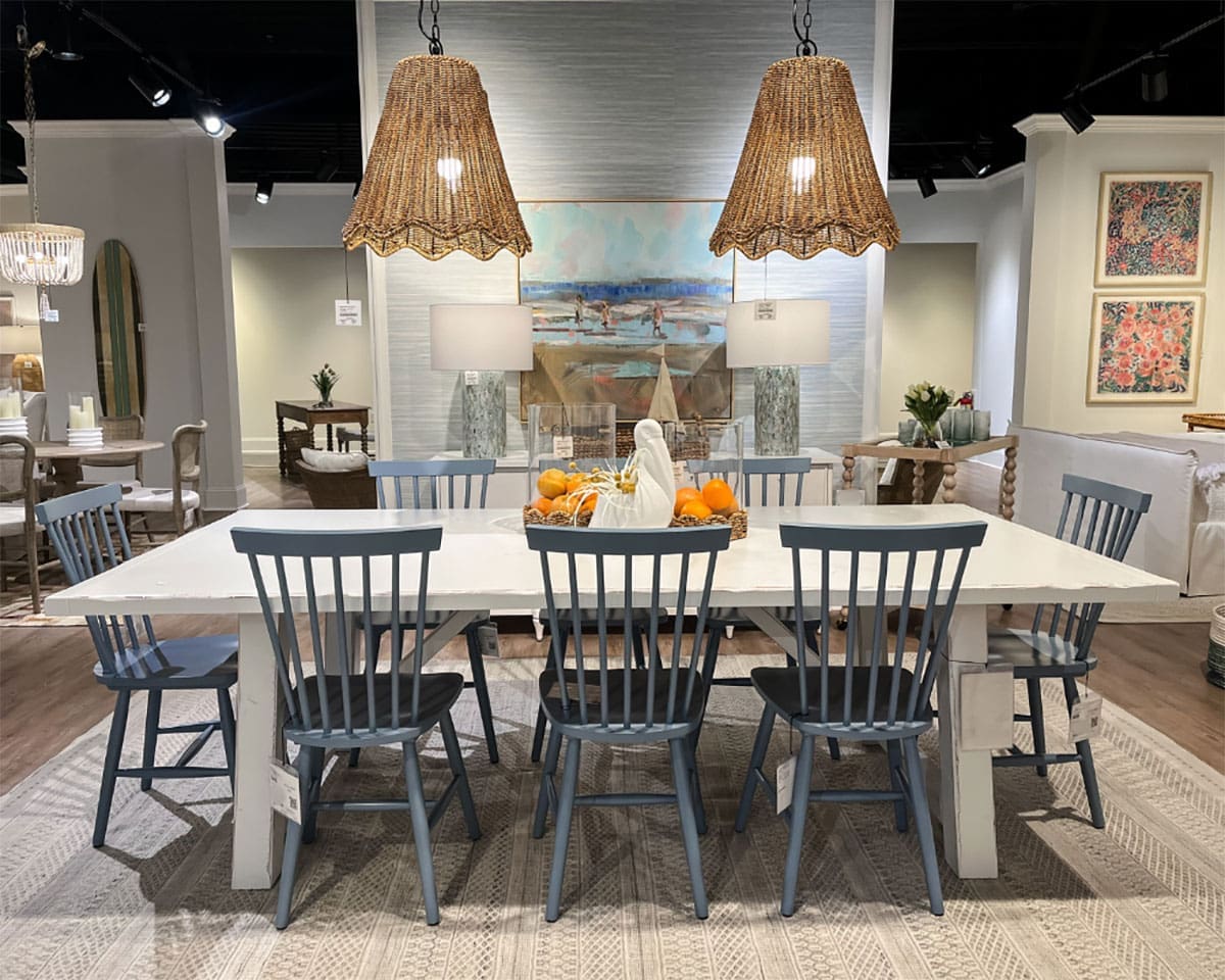 Dining room designed with a beach cottage vibe using vintage-inspired details.